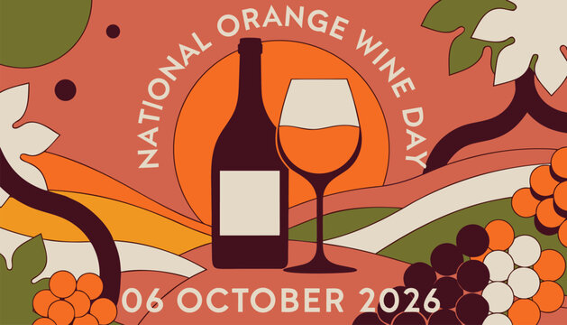 National orange wine day celebratory banner with retro graphic illustrations