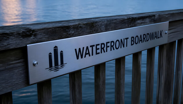 Waterfront Boardwalk metal sign mounted on wooden railing by the water