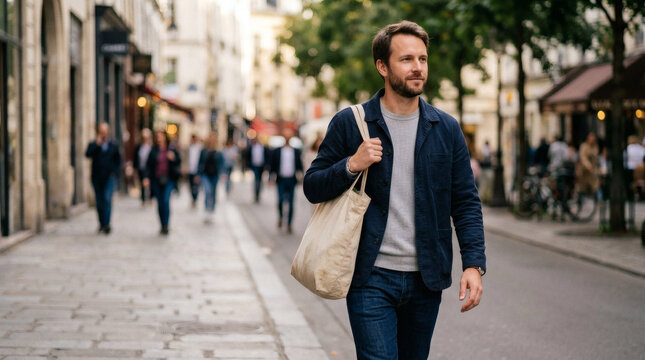 Man walking on a city street carrying a tote bag
