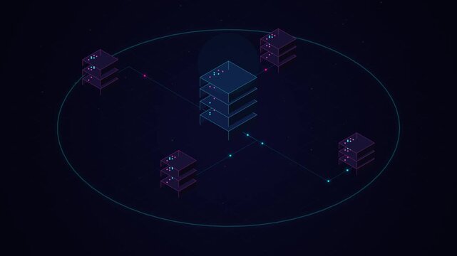 Futuristic isometric network infrastructure shows digital data transfer and global communication tec