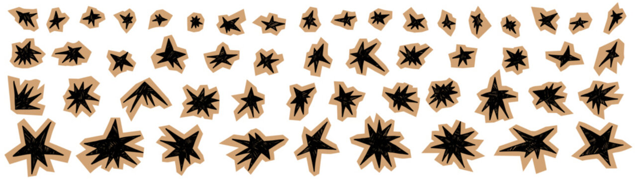 Doodle crayon stars and torn paper cutout sketches for scrapbook collage. Beige journal shapes and sticker elements scattered across a playful set. Vector star sticker collection isolated on white bg