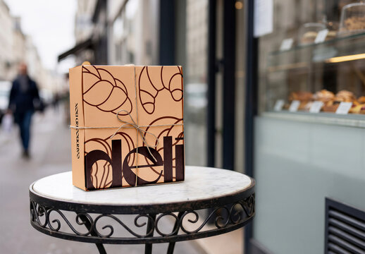 Bakery Box on Bistro Table Outside Shop Mockup