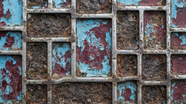 Weathered metal grate with peeling blue and red paint