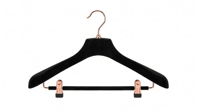 Heavy Luxury Black Velvet Clothes Hanger With Rose Gold 360 Rotating Hook And Pant Bar Isolated On White Background