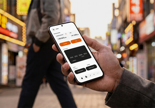 Hand Holding Smartphone on City Street at Night Mockup