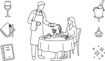 Fototapeta premium Restaurant dining experience and fine service line art vector illustration collection with waiter pouring wine for a woman
