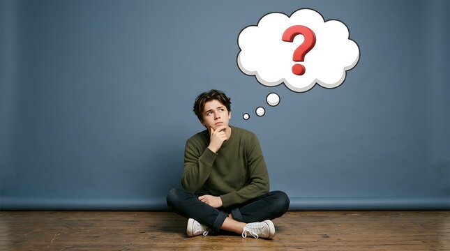 Young man sitting on floor thinking with a question mark thought bubble above head