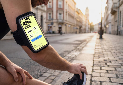 Smartphone in Running Armband on City Street Mockup