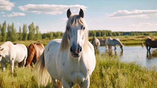 Majestic White Horse in a Country Meadow with a Herd