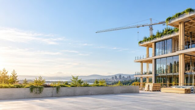 Modern building under construction with tower crane and cityscape panorama under blue sky