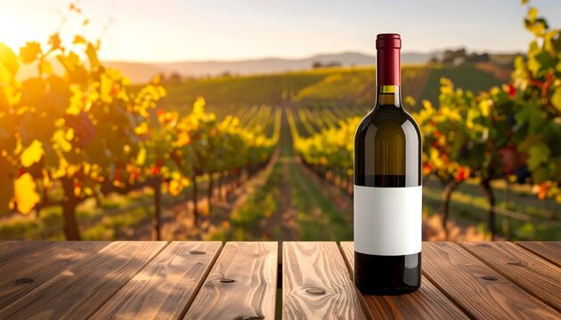 Red wine bottle with blank label on wooden table in vineyard at sunset.