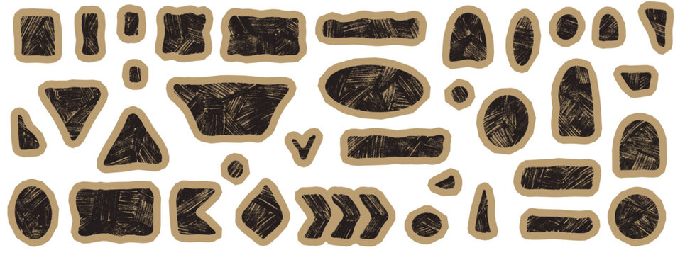 Rectangle geometric set with cardboard shapes and beige cut edges. Square pieces include triangles and arrows with grain. Geometric vector for scrapbook layout or stationery design or sale tag