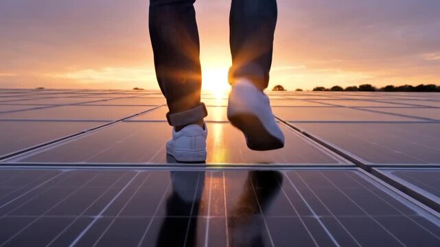Person walking on solar panel array field during sunset with clean energy background