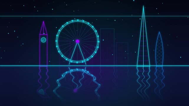 Futuristic London skyline neon light illustration with famous landmarks reflecting on a digital wate