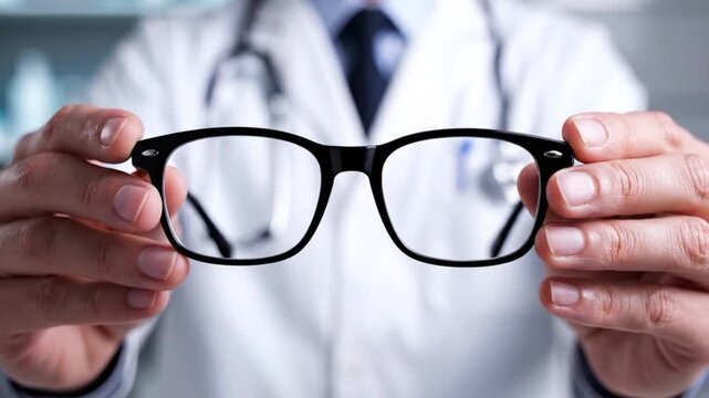 Doctor or optician holding out black eyeglasses in a medical clinic office