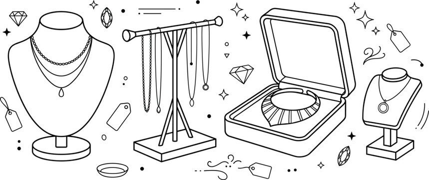 Jewelry collection and display stands line art vector illustration set with necklaces gemstone box rings and price tags
