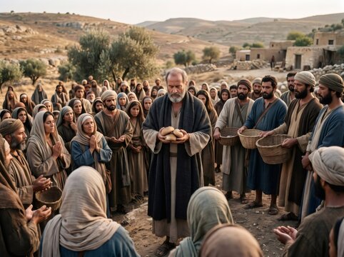Prophet Elisha multiplying barley loaves feeding a crowd