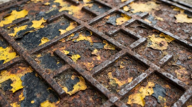 Close up of rusted metal grate with peeling yellow and black paint