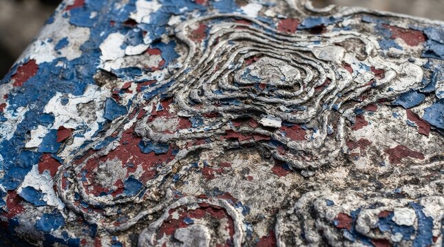 Abstract surface with peeling layers of cobalt blue and white paint
