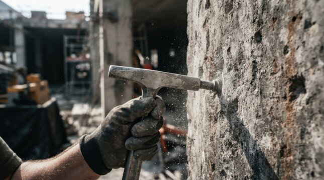 Gloved hand pressing rebound hammer against weathered concrete wall to test structural surface hardness