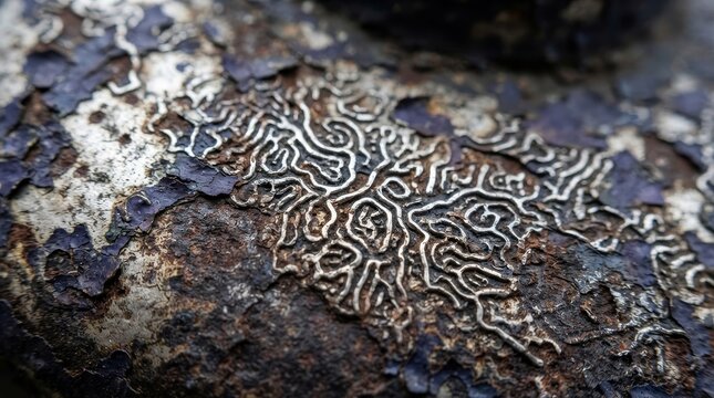 Intricate lichen pattern on weathered bark in macro view
