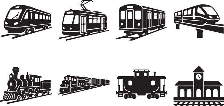 Railway and train transportation icons set featuring speed train, tram, subway, monorail, steam locomotive, freight train, and station