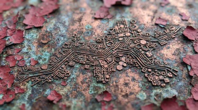 Intricate copper circuitry with abstract geometric patterns on weathered surface