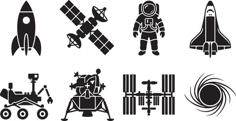 Space and astronomy icons set featuring a rocket, satellite, astronaut, space shuttle, rover, lunar lander, space station, and a spiral galaxy © Mollah