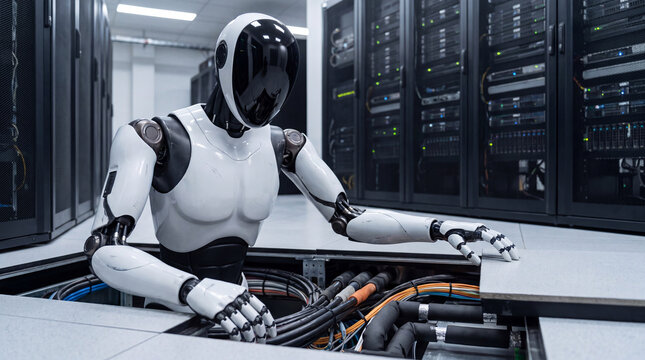 Robot Working in Server Room: A humanoid robot is meticulously working within a modern server room, surrounded by racks of equipment and intricate cabling.