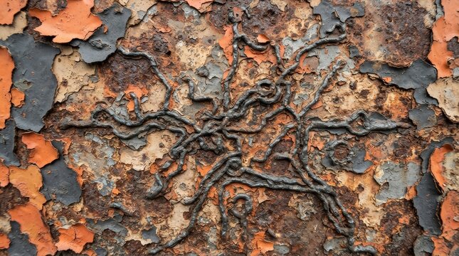 Textured abstract of peeling orange and charcoal rust patterns