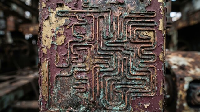 Close up of a decayed industrial panel with flaking paint texture