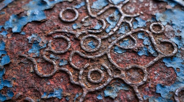 Textured metallic surface with peeling blue paint and rust