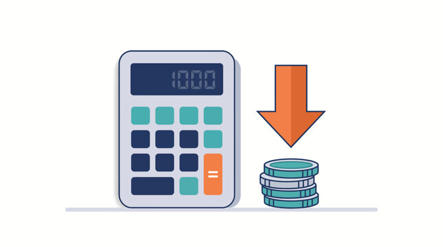 Conceptual illustration of a calculator and coins with a downward arrow representing budget reduction and financial savings