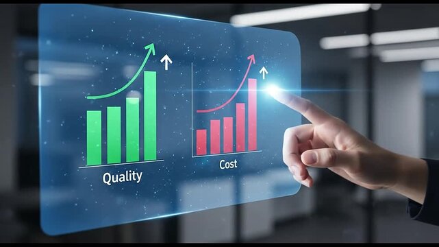 Hand interacts with transparent display showing business performance data
