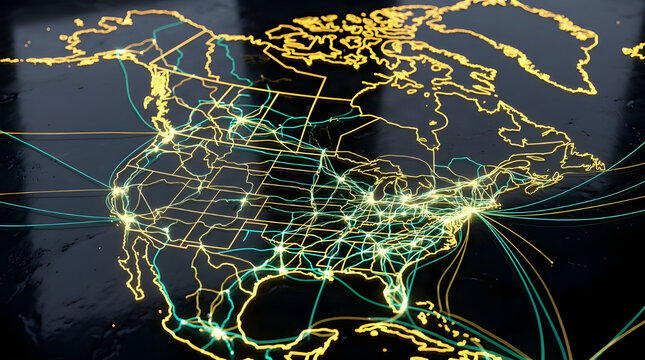 Futuristic digital map of north america outlined in yellow and green neon light showing data streams and fiber optic networks with cyber map tech map glowing map data network cyber space sci