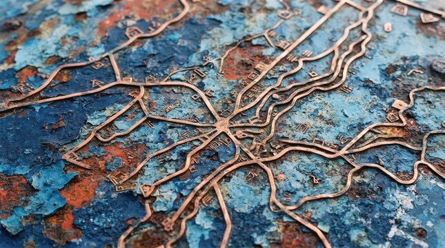 Abstract copper map design on weathered blue surface