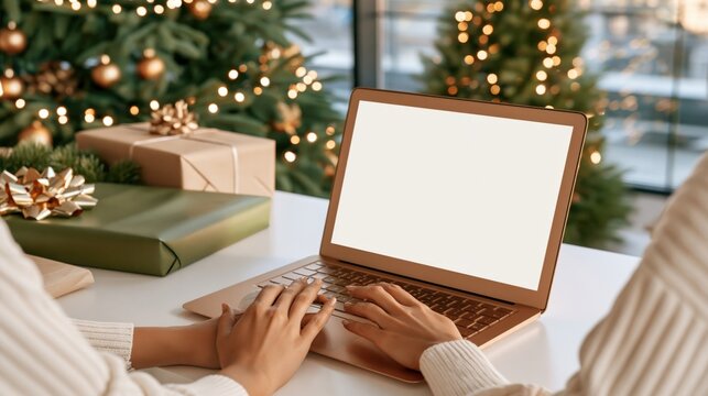 Person typing on gold laptop with blank screen, wrapped gifts and christmas tree in background