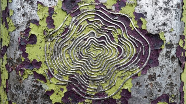 Weathered surface with peeling paint and concentric metal lines