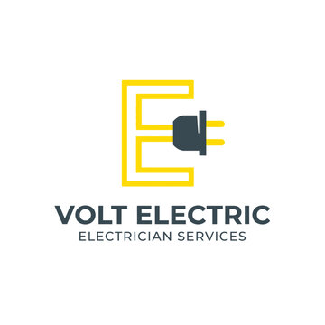 Electrician logo design featuring letter E with a power plug icon