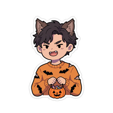 Halloween Werewolf Costume Chibi Boy Anime Sticker holding Jack-o'-lantern Candy Basket Graphic