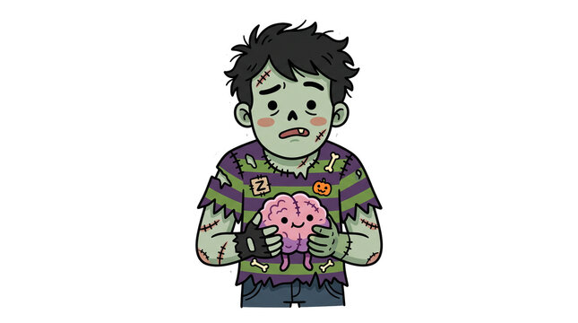 Cute Zombie Boy Character Holding Smiling Pink Brain Hand Drawn Cartoon Vector Illustration
