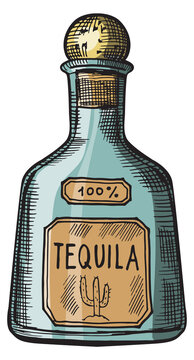 Tequila glass bottle engraving. Mexican alcohol drink