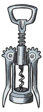Winged corkscrew drawing. Bottle opener metal tool