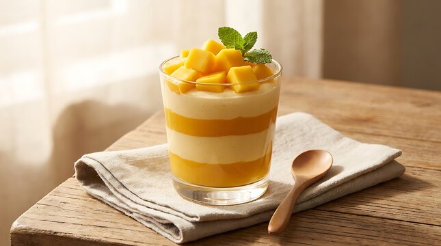 Fresh mango mousse dessert in a glass cup with mint leaves on a wooden table for a healthy snack. Mango Mousse Recipe,arizona front yard