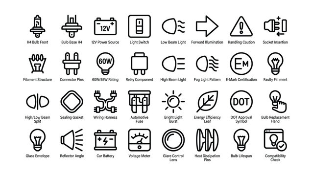 Collection of automotive light bulb icons showing features specifications and compatibility symbols on transparent background