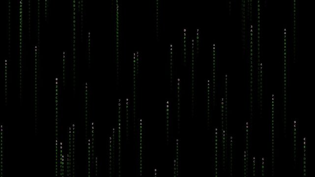 Matrix style green digital code streaming down against dark computer screen background motion graphic video clip