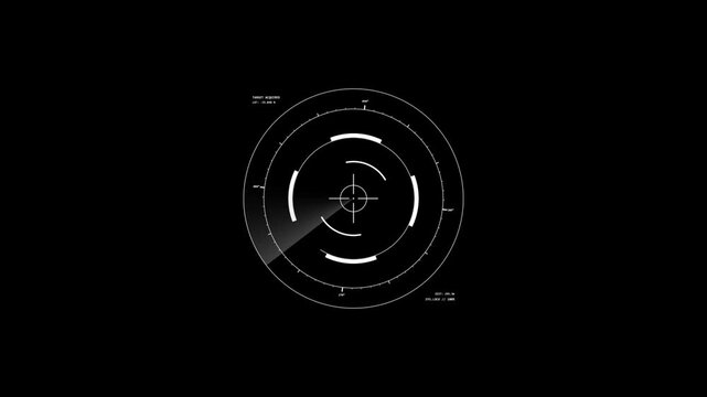Futuristic hud radar interface with target acquisition crosshair and digital scanning elements on black background