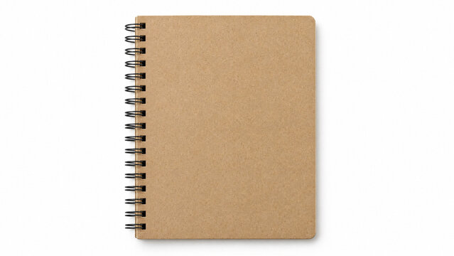 Closed spiral notebook with blank kraft cover isolated on white background