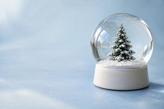 Clear snow globe with a tiny fir tree and greeting space