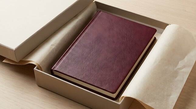Red notebook journal placed inside a gift box on a table. customizable leather journal
